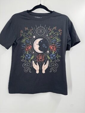 Hybrid Apparel Black Mystic Moon & Floral Graphic Tee